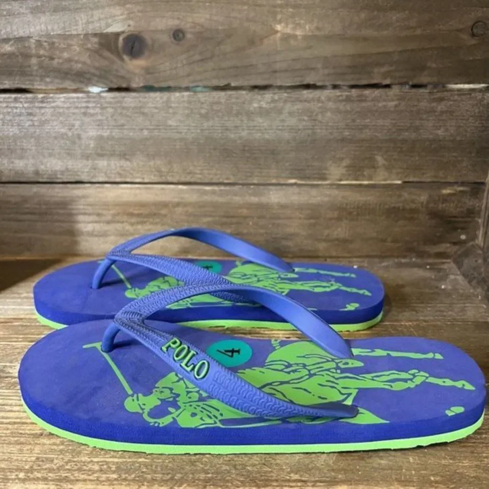 Childrens Big Kids Polo Ralph Lauren Blue Thong Sandals Flip Flops Size 4 Y‎ EUC